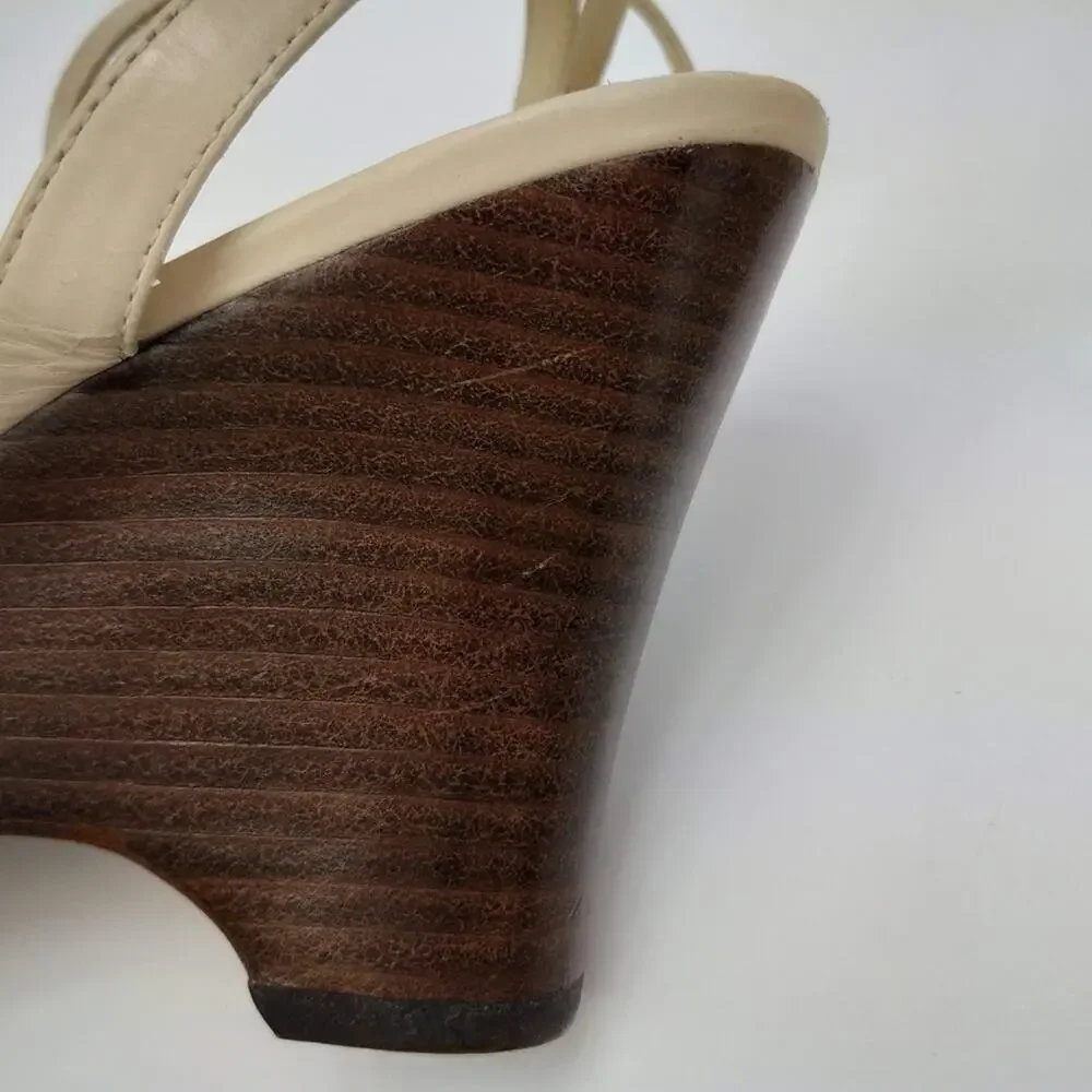 Ann Taylor Beige Leather Ankle Wrap Wedges